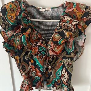 Love the label Bohemian Ruffle Blouse with Multicolor Pattern